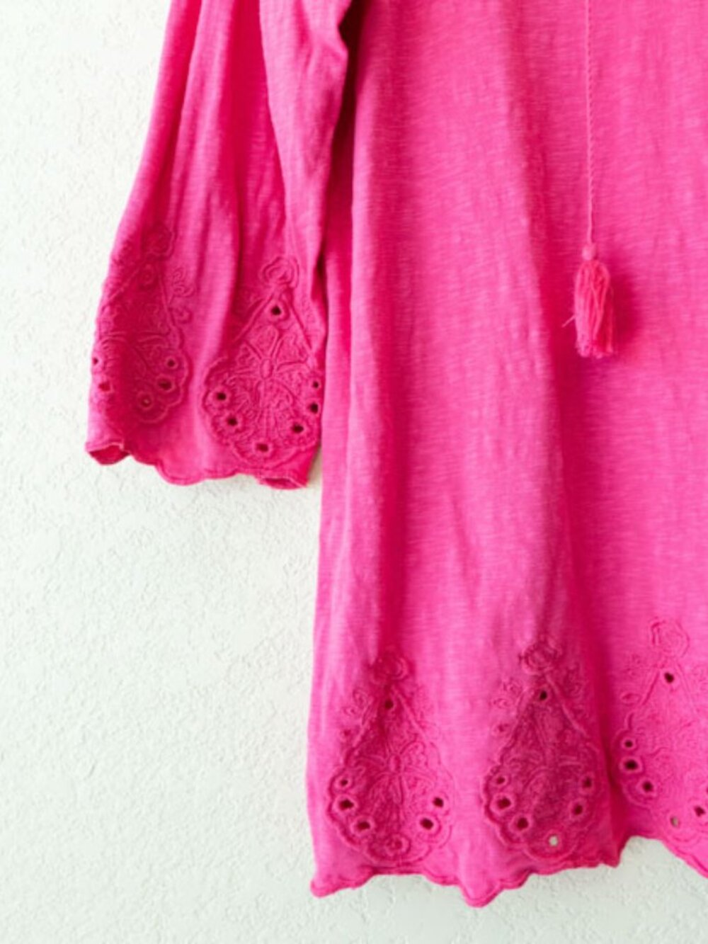 Talbots Pink Tassel Top XL Eyelet Hem Boho Cotton Tunic 3/4 Sleeve Peasant - Picture 5 of 13